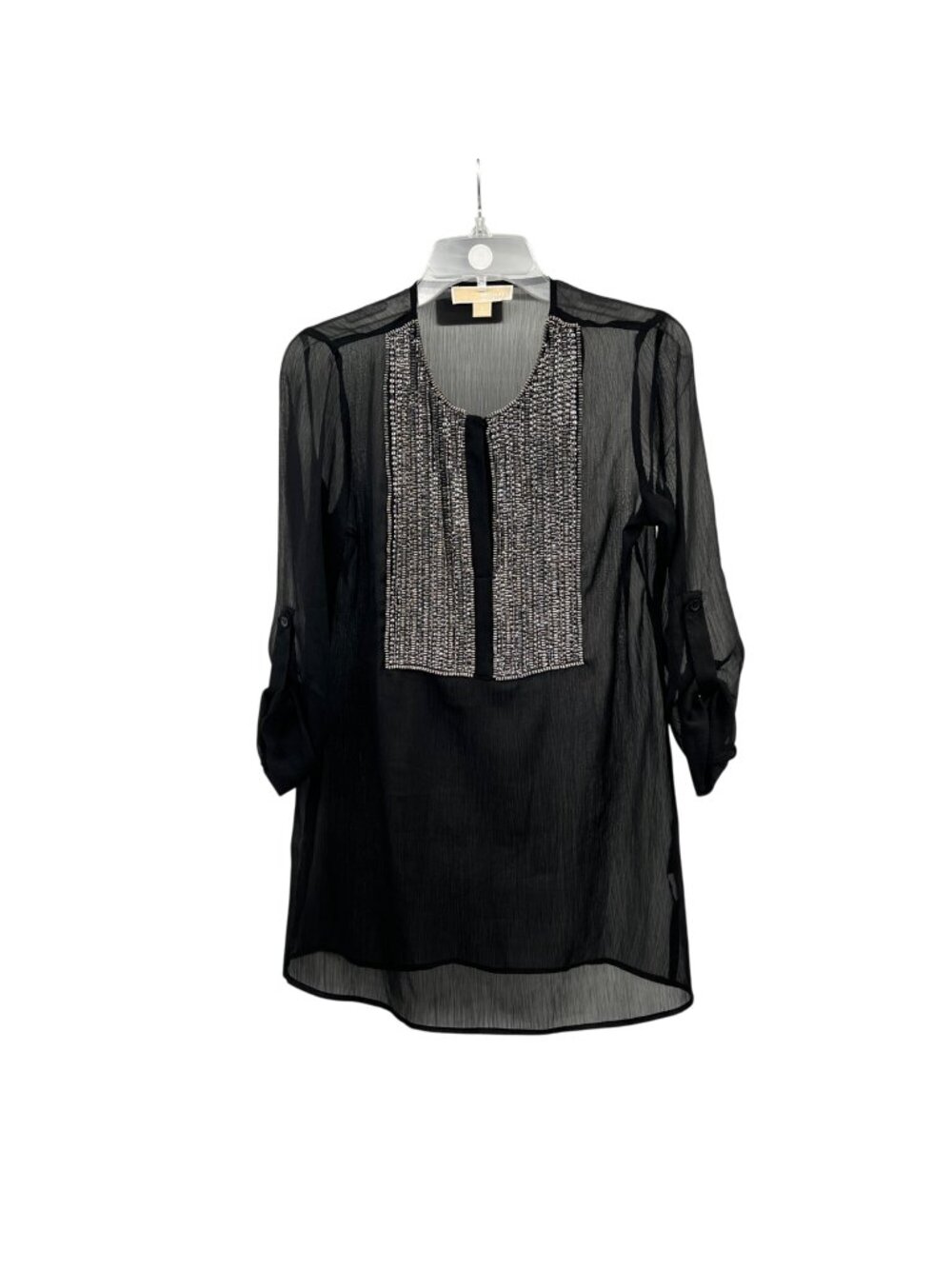 Michael Kors Sheer Tunic Top Embellished Long Roll Tab Sleeve Black/Multi Small